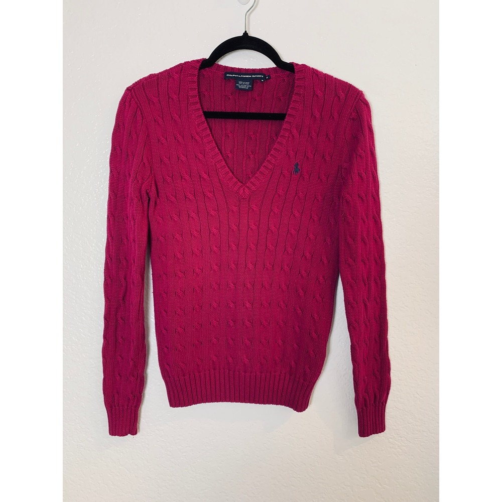 Ralph Lauren Sport Sweater Womens Medium Magenta Pink Cable Knit V-Neck Cotton